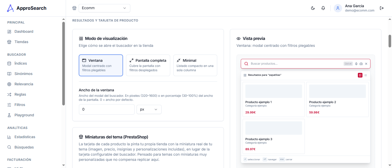Resultados y tarjeta de producto (modo de visualización y miniaturas del tema)