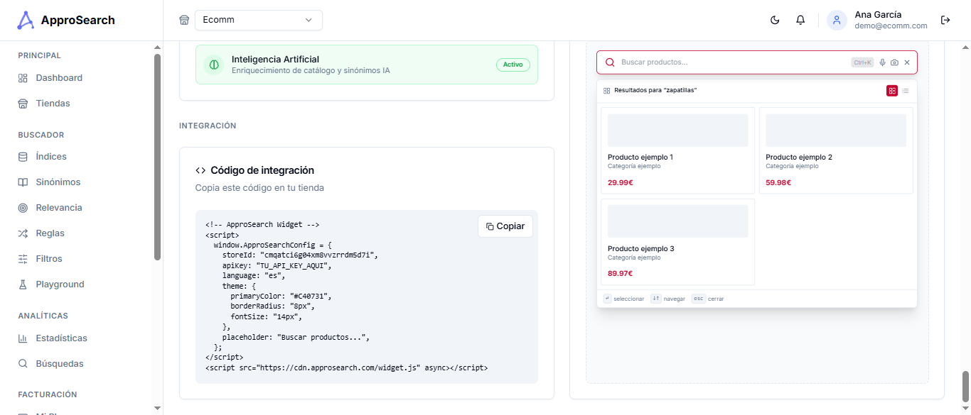 Código de integración y vista previa