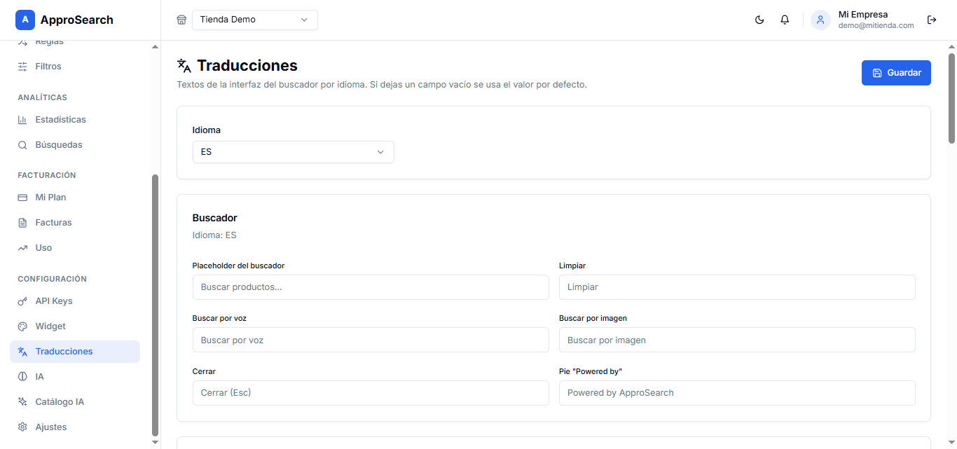 Textos del widget por idioma
