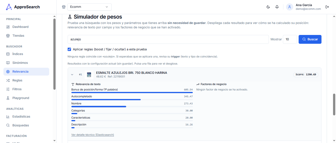 Simulador de pesos con desglose de scoring