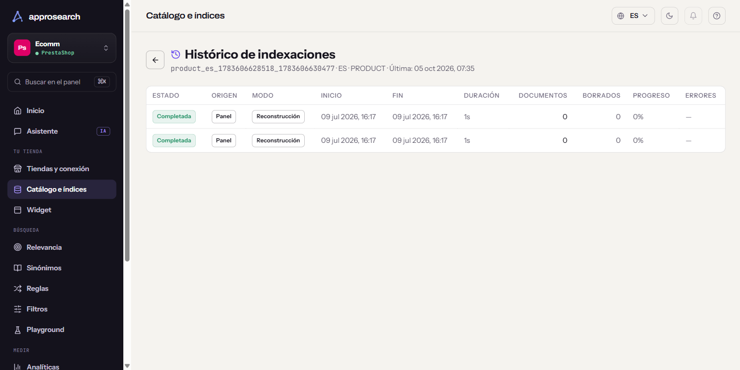 Histórico de indexaciones de un índice de productos