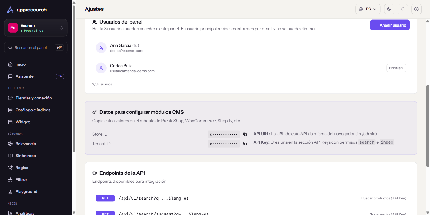 Bloque de usuarios del panel en Ajustes