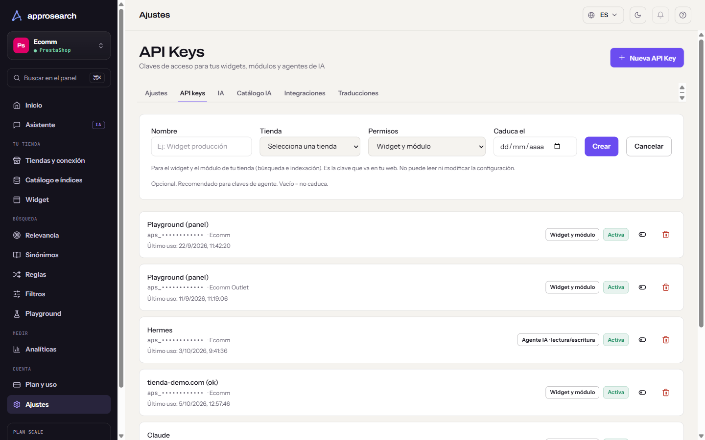 Formulario para crear una API key con nombre, tienda, permisos y caducidad