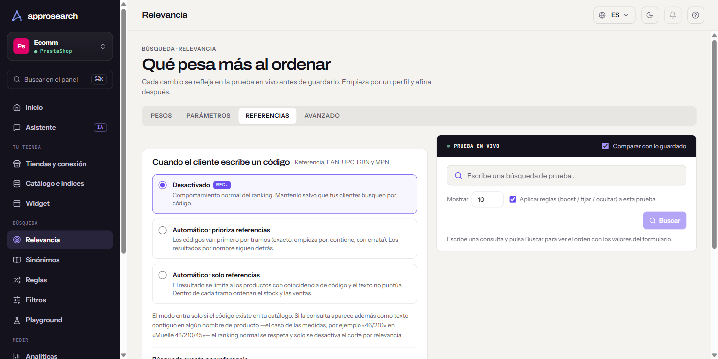 Pestaña Referencias de Relevancia con el modo referencia