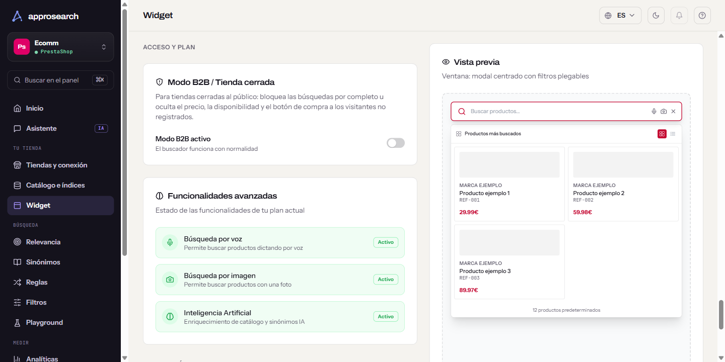 Bloque de modo B2B y funcionalidades del plan en Widget